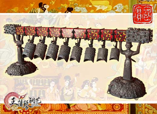 8件古編鐘，銅人銅座裝飾，可發(fā)音